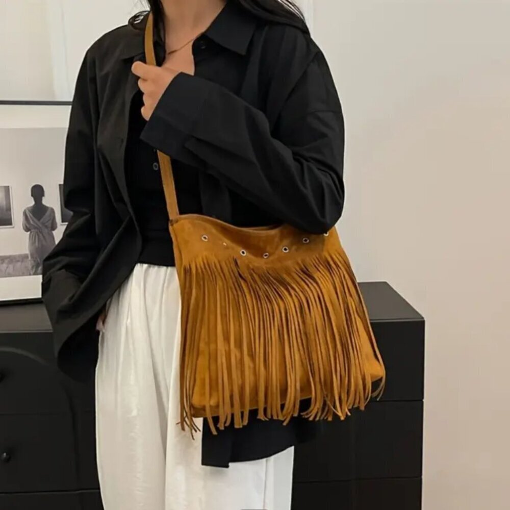Boho Tassel Crossbody Bag – Retro Stripe Design, Large Capacity - Picture 2 of 3